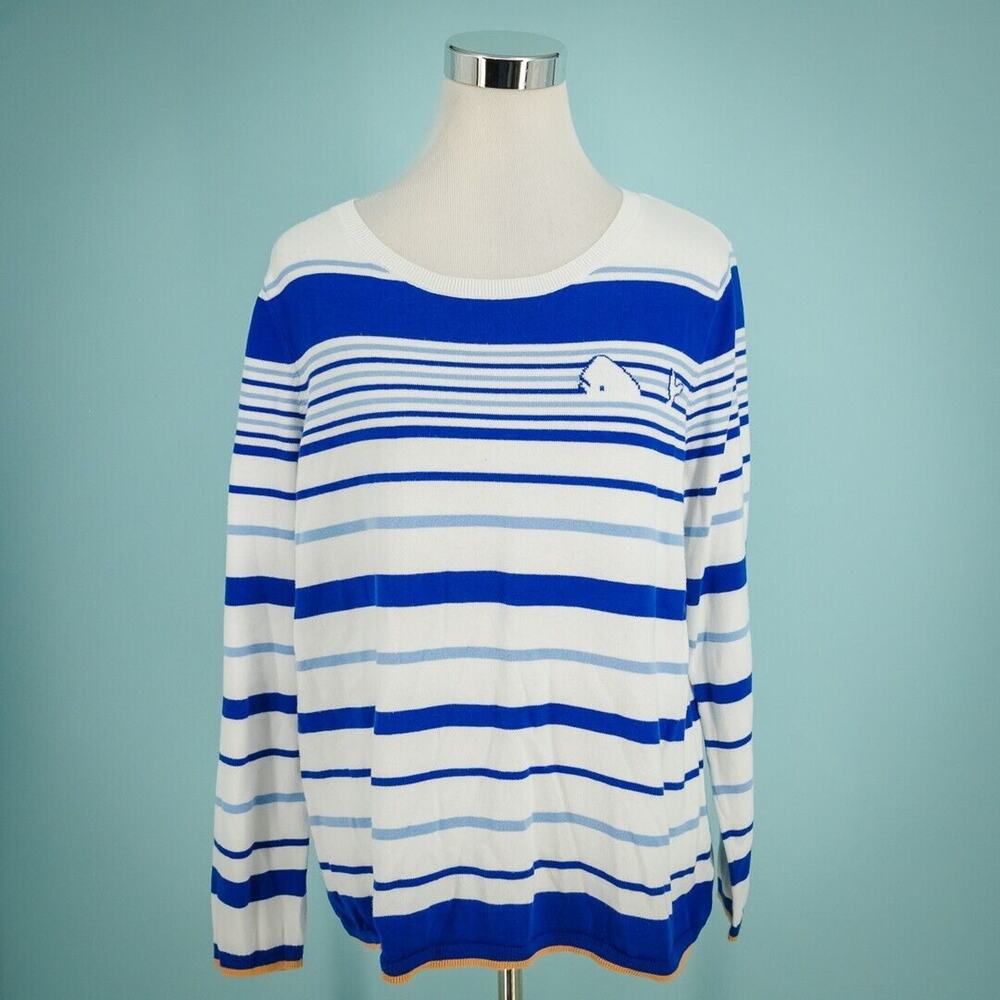 Talbots Size XL Blue Stripe Whale Novelty Print Nautical Crew Cotton Sweater